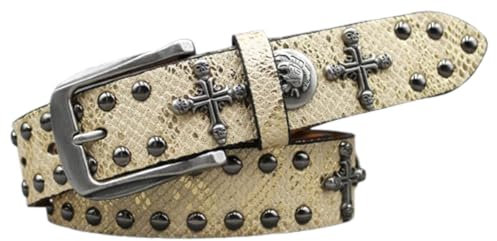 AGUTALITHIC Pailletten Nietengürtel Für Herren Damen Ledergürtel mit Totenkopf Kreuzschädel und Rundnieten im Western Style Taillegürtel(125cm/49, Gold)