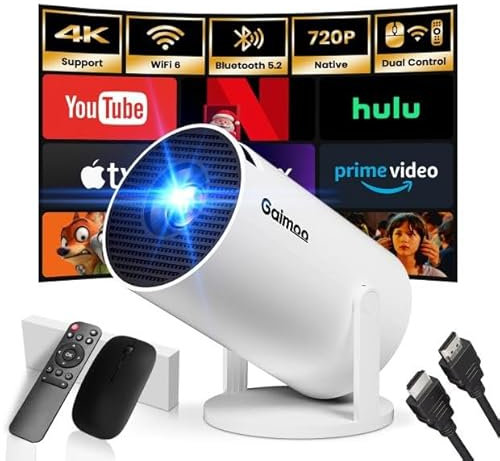 [App intégrée] Vidéoprojecteur Rétroprojecteur Portable Mini Projecteur Dual Contrôle avec Souris Android TV WiFi 6 BT5.2 180° Rotation, Blanc