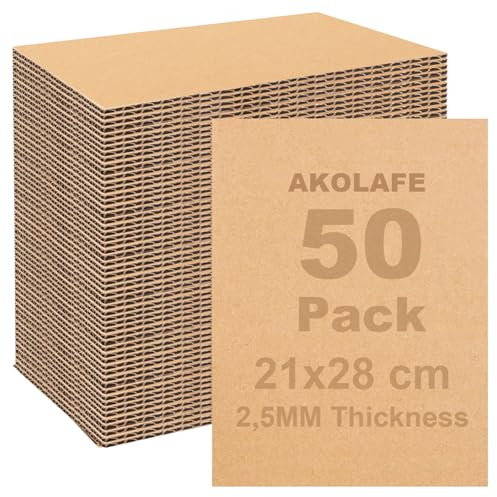 AKOLAFE 50 Pièces Carton Ondulé Kraft A4 21 x 28 cm, Feuilles Carton 2,5 mm Trois Couches, Papier Cartonné Marron pour Bricolage, Emballage et Loisirs Créatifs