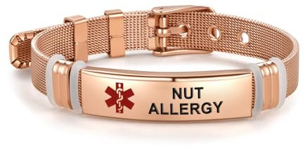 FGT Nut Allergy Rose Gold Medical Alert ID Bracelet for Women Adults Emergency Medical Jewelry Heart Engraved Stainless Steel Adjustable Wristband