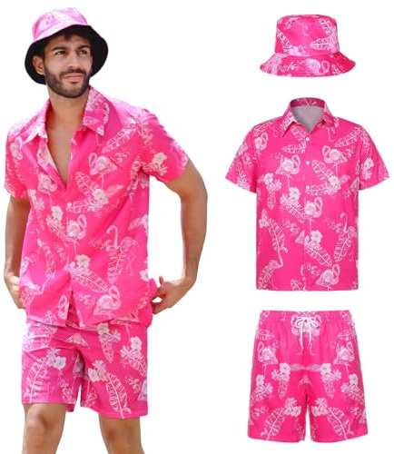 SERTAS Hawaii Hemd Männer, Hawaii Outfit Herren 3 Stück Set,Hawaiihemd und Shorts und Fischerhut,Freizeit Urlaub Strand Hemd Set