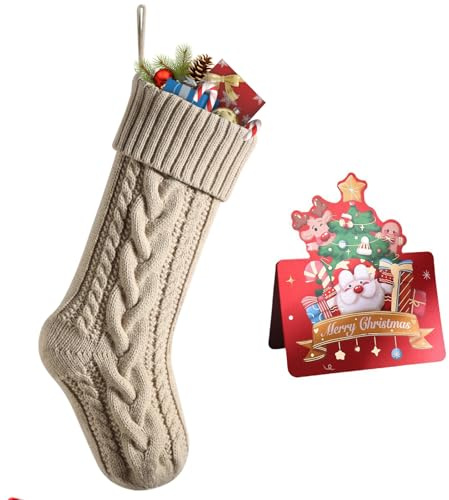 meioro Weihnachtsstrumpf, 46cm Große Kabel Gestrickte Nikolausstrumpf, Weihnachtsdekorationen für Familie Party Kamin Weihnachtsmann Dekoration Nikolaussocke, Hängende Weihnachtsstrümpfe (Khaki)