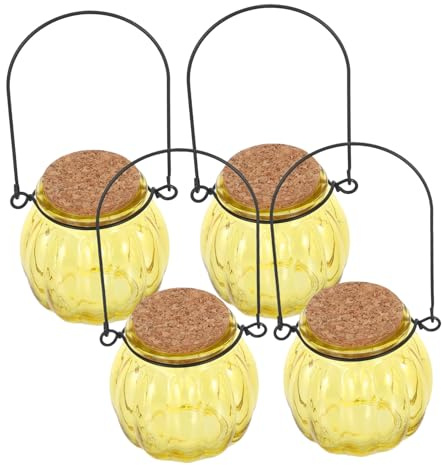 KOMBIUDA 4pcs Glass Pumpkin Candy Holders with Wood Stoppers and Handles Portable Hanging Tealight Candle Jars Festive Autumn Halloween Treat Bowls for Wedding Table