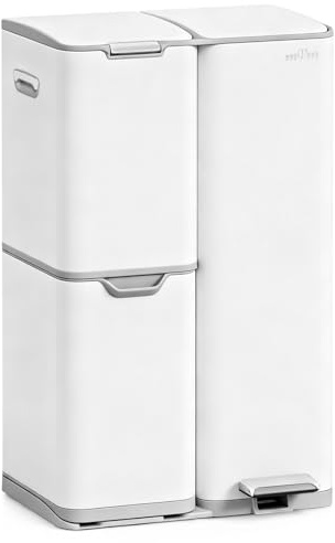 mVm 16 Gal Kitchen Trash Can, 3 Compartment Garbage Can, Heavy Duty Anti Fingerprint Brushed Recycling Bin for Office Home（White）