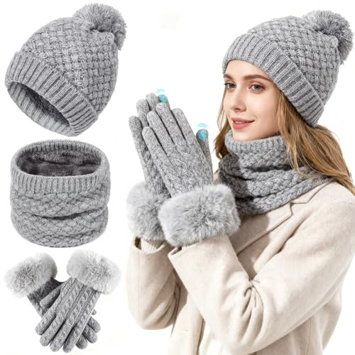 Ensemble Bonnet Echarpe Gant Femme,Doublé en Polaire Bonnet Echarpe Femme avec Gants Tactiles, Ensemble Hiver Dames pour Ski et Activités Extérieures,Cadeaux Femme
