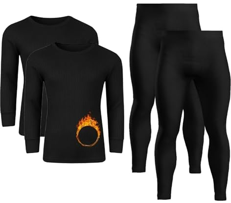 Makii Mens Thermals Underwear Set Long Johns Trouser Warm Base Layer Warm Vest T-Shirt Top Thermal Full Set Body Warmer For Mens-Black, M, Pack 2