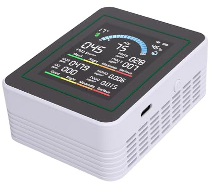 ERYUE Multi Gas Detector for Home Use, Portable HCHO CO2 Monitor with PM2.5 PM10 Particle Meter, Temperature Humidity Meter Camping Indoor Pollution Detector (MT13 White)