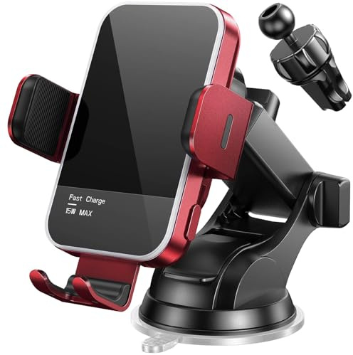 Car Phone Holder Wireless Charger,【7 Colored RGB Backlit】MOSURR 15W Auto Clamping Wireless Car Charger Mount for iPhone 16 15 14 Mini Pro Max, Samsung Galaxy S26 Ultra S25 S24+, etc - Red