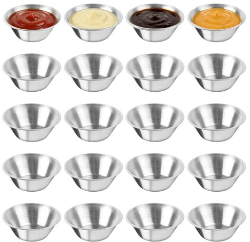 Akamino 20 Pcs Stainless Steel Condiment Sauce Cups, 1.5oz Small Sauce Dishes Dipping Bowls, Metal Spices Pots Portion Cups for Barbecue Restaurant Home Party (Silver, 45ml)