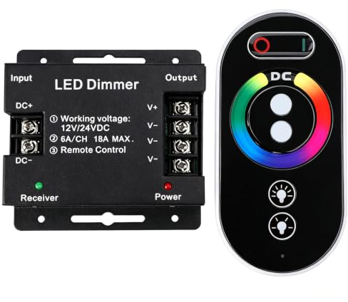 Dimmer Switch, DC 12V 24V 18A PWM LED Light Strip Dimmer with RF Remote Control, Adjust Brightness LED Strip Lights Switch