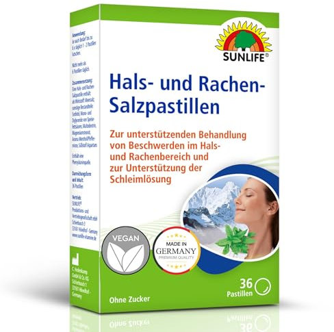 SUNLIFE Hals- und Rachen Salztabletten 1 x 36 Stück - Schleimlöser Hals & Rachen - Halspastillen gegen Husten & Heiserkeit - Halsschmerzen Lutschtabletten - Lutschpastillen mit Menthol-Geschmack