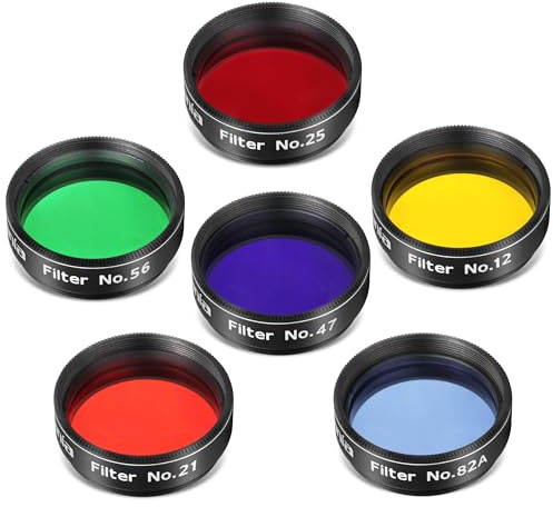 Astromania Telescope Filter Set, 1.25 inches Six Color Filters Kit (Red, Orange, Yellow, Green, Dark Blue, Light Blue), Telescope Accessories to Enhance Moon Planetary View for Astronomical Telescopes