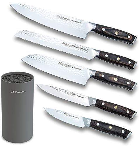 3 Claveles Juego de 5 cuchillos de cocina profesionales de acero inoxidable cuchillos de cocinero con soporte cuchillos de fibras kimura