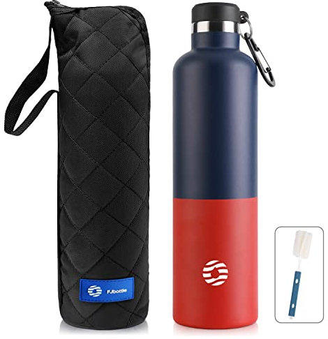 FEIJIAN Trinkflasche Edelstahl 1L mit Karabiner - auslaufsicher Thermosflasche für Kohlensäure Kaffee Tee, BPA-Frei Sport Outdoor Wasserflasche für Sprudel Uni, Schule, Camping, Fahhrad