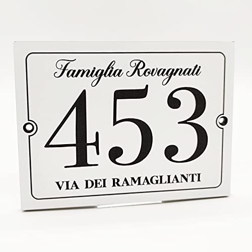 ► Numero Civico ESTERNO con Via - Targa PERSONALIZZATA - Laminato Plastico 3mm - Lavorazione LASER | (160x120 mm, Bianco)