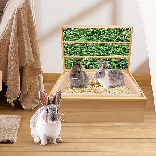 JoliJour Comedero Heno Conejo Alimentador De Heno 2En1 para Cobayas,Chinchilla,Conejos con Caja De Arena De Plástico Extraíble Conejo alimentador de heno Madera Pesebre de Alimentos 43 13.5 31.5cm
