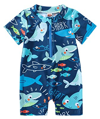 WERNZATT Baby Boy Swimming Costume Infant Zipper One Piece Rash Guard Swimwear Toddler Sun Protection Beach Bathing Suit (G Shark Blue, 0-3 Months)