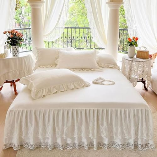 KnSam Weiß Bett Volant 180x200cm Deko, Spitze Bett Rock Landhausstil Einfarbig Textilien Klassische, Baumwolle Betttuch Unterbett als Schutz für Boxspringbett & Topper