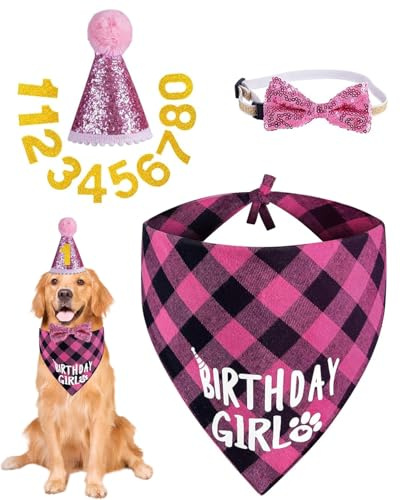 JUKOTA Hunde Geburtstag Hut Bandana Set, Hund Geburtstag Hund Halstuch Hundegeburtstagskrawatte mit 9 Bling Nummern Hundegeburtstagsgeschenk für kleine mittlere große Hunde