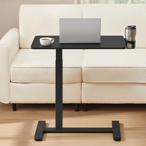 VASAGLE Side Table with Wheels, Mobile Bar Table, 70 x 40 cm Table Top, Adjustable Height, 2 Cup Holders, Slot for Mobile Phone or Tablet, Ink Black LSD600B01