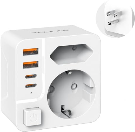 THUNIX Adaptador Enchufe USA, Cargador Americano Viaje con 2 USB-C y 2 USB-A, 2 Tomas de AC, Compacto Adaptador Europa/Español a EE.UU. para México, Canadá, Colombia, Tipo B-Blanco