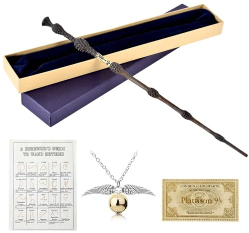 WDKXCN Bacchetta Dumbledore, 35CM Bacchetta di Sambuco in Acciaio e Resina, Dumbledore Bacchettas in Confezione Regalo con Carta Incantesimo, Biglietto Stazione e Collana