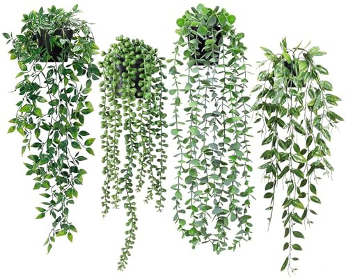 SCBOY 4 Piezas De Maceta De Plástico Negro Planta Artificial Colgante Planta Colgante Artificial Plantas Artificiales Colgantes para Oficina Salón Interior Exterior Jardín Doméstico Decoración