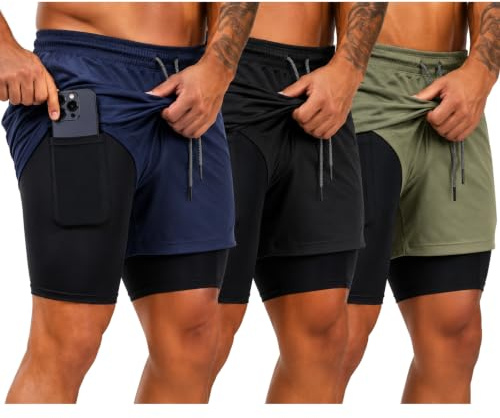 Pack de 3 Pantalones Cortos Hombre Deporte 2 en 1 con Malla de Compresión Bolsillos y Cinta Trasera Portatoallas (M, A/N/V)
