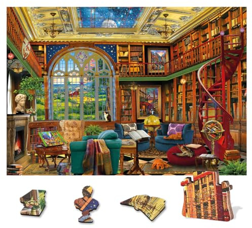 Wentworth Wooden Puzzles Country Library - 250 Pcs Adult Jigsaw Puzzle, Themed Irregular Pieces, David Maclean Design For Book Lovers - Sustainably Sourced Wood and British Made