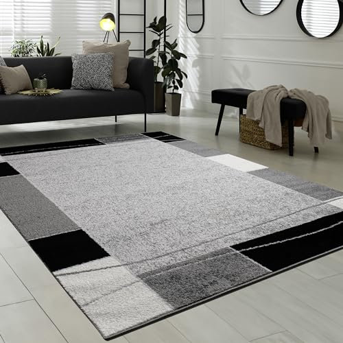 Paco Home Teppich Wohnzimmer Kurzflor Modern Bordüre Geometrisches Muster Grau Schwarz, Grösse:80x150 cm