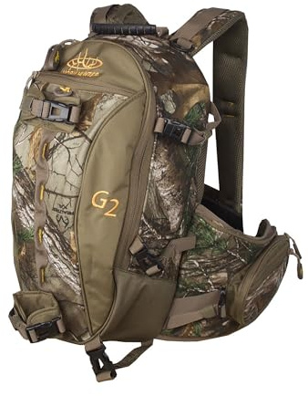 Horn Hunter G2 Daypack - Hunting Versatile Backpack 1500 Cubic Inches w/Drop Down Bow/Rifle Support Pouch and Pull Out Rain Cover, Realtree