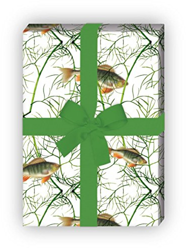 4 Bogen feines Fisch an Dill Geschenkpapier Set | Dekorpapier als edle Geschenkverpackung, Designpapier zur Taufe, Geburt, Ostern, Geburtstag, Hochzeit, Weihnachten in 32 x 48cm, grün weiß