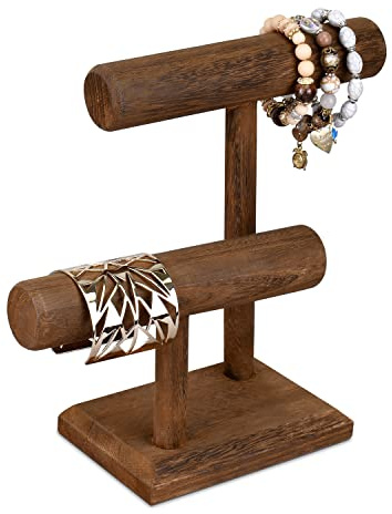 Ikee Design 2 Tier Wooden Jewelry Bracelet Watch Display Tower, Bangle Scrunchie Necklace Holder Storage Stand, 7.9 W x 4.3 D x 9.4 H in, Brown Color