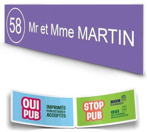 DECOHO - Plaque boîte aux lettres personnalisée adhésive - violet lettres blanches - 100x25 mm + stickers Stop Pub offerts - Violet