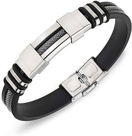 Suyi Bracelet Ajustable pour Homme Bracelet D'enveloppe De Silicone Bracelet Manchette en Acier Inoxydable Silver