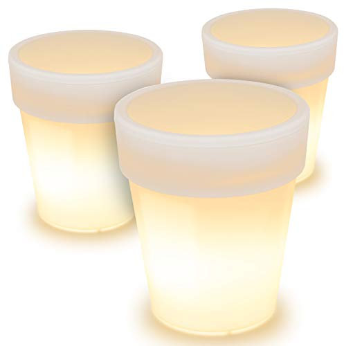 3 x Solar Blumentopf Pflanzkübel mit 3 LED – 19 x 17 cm – Kunststoff weiß – mit Akku Wasserablauf Dämmerungssensor –warmweiß