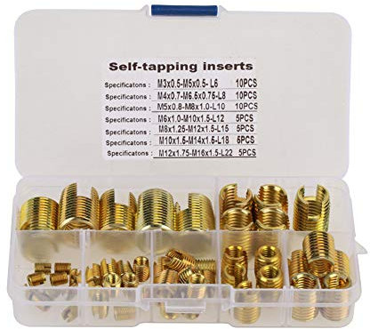 Carbon Steel Self Tapping Threaded Insert Kit, 50 Pieces Thread Repair Slotted Inserts M3 M4 M5 M6 M8 M10 M12