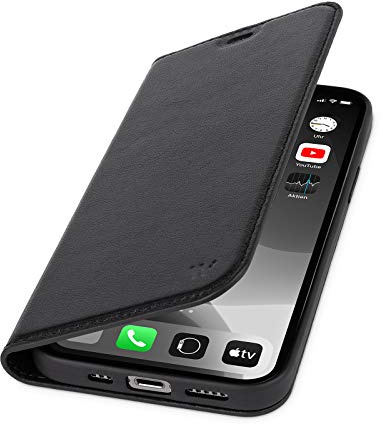 WIIUKA Hülle für iPhone 12/12 Pro, Lederhülle mit Kartenfach, extra Dünn, Premium Leder, Handyhülle mit Standfunktion, Tasche Schwarz kompatibel mit iPhone 12/12 Pro