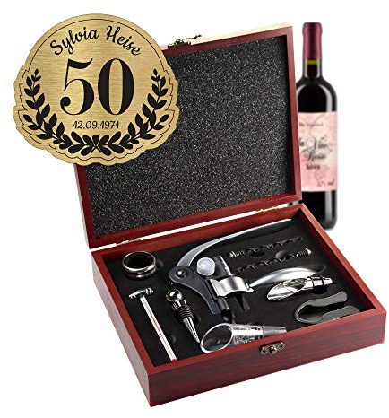 AMAVEL Sommelier Set mit 10 Wein-Accessoires, Geschenkbox aus Holz mit Plakette und Gravur zum 50. Geburtstag, Geschenkidee für Weinliebhaber