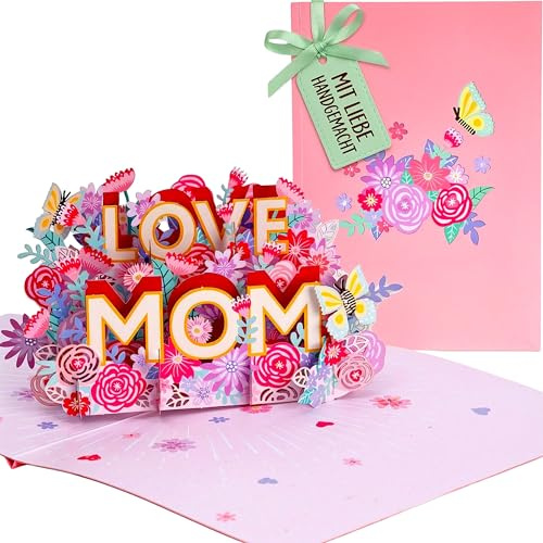 Liebessa 3D Pop-Up Karte Love Mom - Liebe Mama - Geburtstagskarte, Glückwunschkarte für die Mutter - Geschenk für Mutti zum Muttertag, Geschenkkarte zum Muttertag, passend für Gutschein
