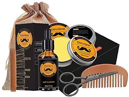 TOSSPER 6 Pc/Set Kit Hombres Cuidado Barba Barba Bálsamo Cepillo De Aceite De Tijera Peine con Saco De Regalos para Padre Novios Marido