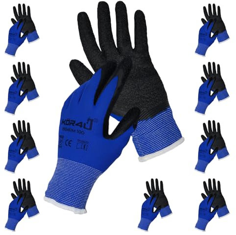 kör4u Lot de 10 paires de gants de travail de qualité supérieure, respirants et enduits, adaptés comme gants de protection, bonne adhérence, avec revêtement en latex de haute qualité, hautement