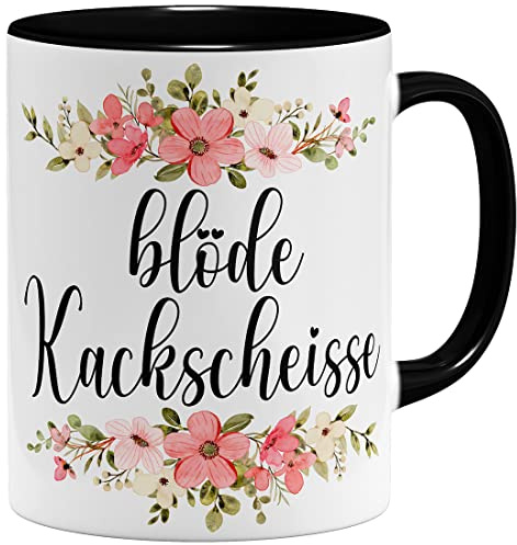 OM3® witzige Kaffee-Tasse mit Spruch & kitschigem Blumenmotiv - Blöde Kackscheisse - Blumig Kitschig - Keramik Becher - 325ml - Beidseitig Bedruckt - Schwarz