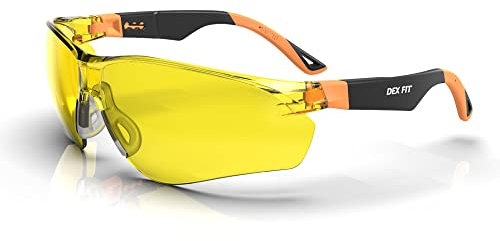 DEX FIT Safety Glasses SG210, Z87 Eye Protection, Anti fog & Scratch Resistant, Adjustable for Women and Men, Blue Light Blocking & UV Protective (Black & Orange Frame, Yellow Lens)