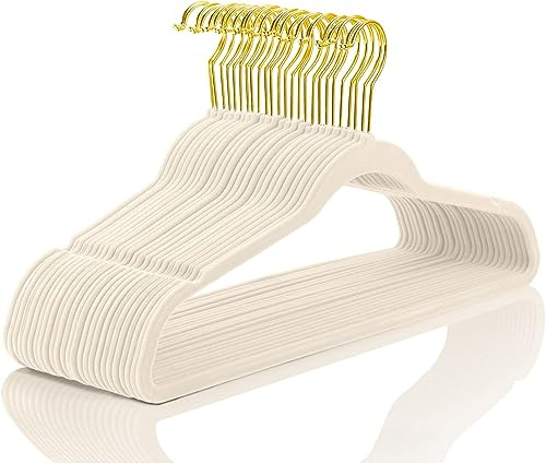 MIZGI Premium Velvet Suit Hangers - Pack of 60 Heavy Duty, Non Slip Slimline with Gold Hooks, Space Saving Ivory Velvet Hangers DK-ke-98
