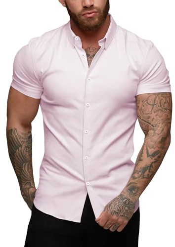 URRU Camicia da uomo a maniche corte Muscle Fit per il tempo libero facile da stirare Business camicia da uomo camicia estiva, M
