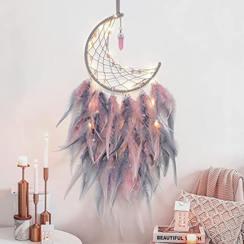 Dremisland Atrapasueños con luz LED hecha a mano con diseño de luna, atrapasueños con plumas, decoración bohemia, plumas rosas, adorno para colgar en la pared, decoración de macramé, accesorios de