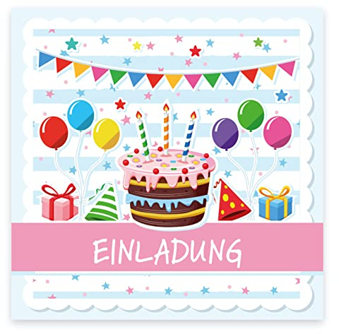 12 Premium Einladungskarten zum Kindergeburtstag + 12 Umschläge, Postkarte, 14,8x14,8cm, mit vorgedrucktem Text a. d. Rückseite Einladung Karten Kinder Kids birthday Tortenmotiv