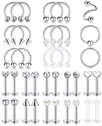 Skcess Nez Piercing Acier Chirurgical, Nose Rings de Argent Balle Coeur Flèche 35Pcs Cadeau de Bijoux Piercing pour Femmes hommes