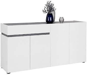 Kitaly Buffet Buffet Buffet, Panneau mélaminé et laqué Brillant, fabriqué en Italie, Blanc, 4 Portes, 1 tiroir et 2 étagères Basses